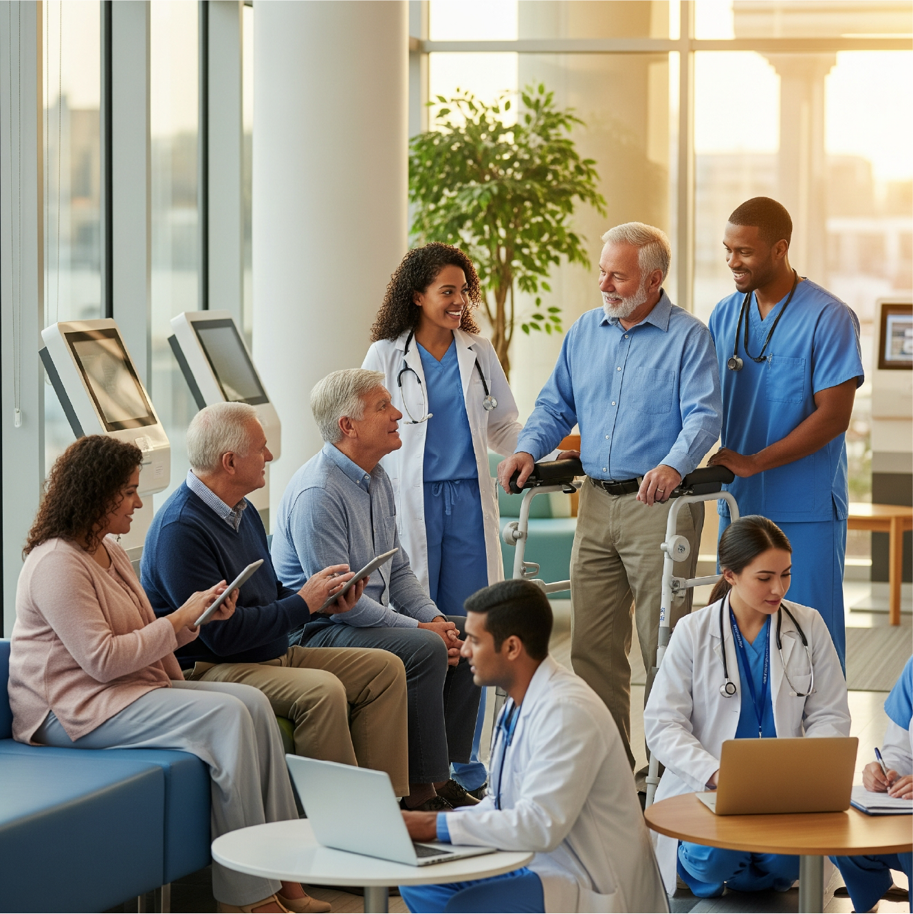 Healthcare professionals interacting with patients in a modern medical facility